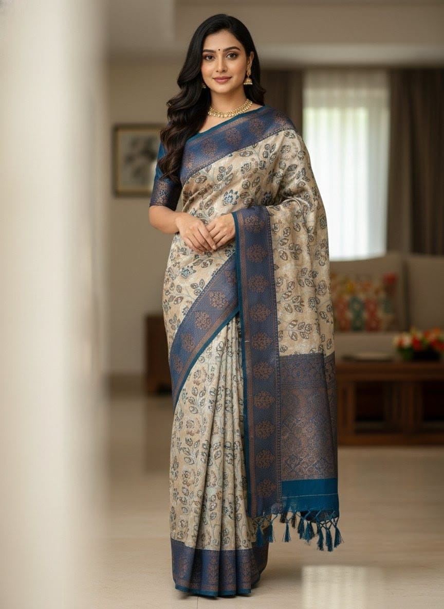 Silk Blend Saree with Blue Woven Border