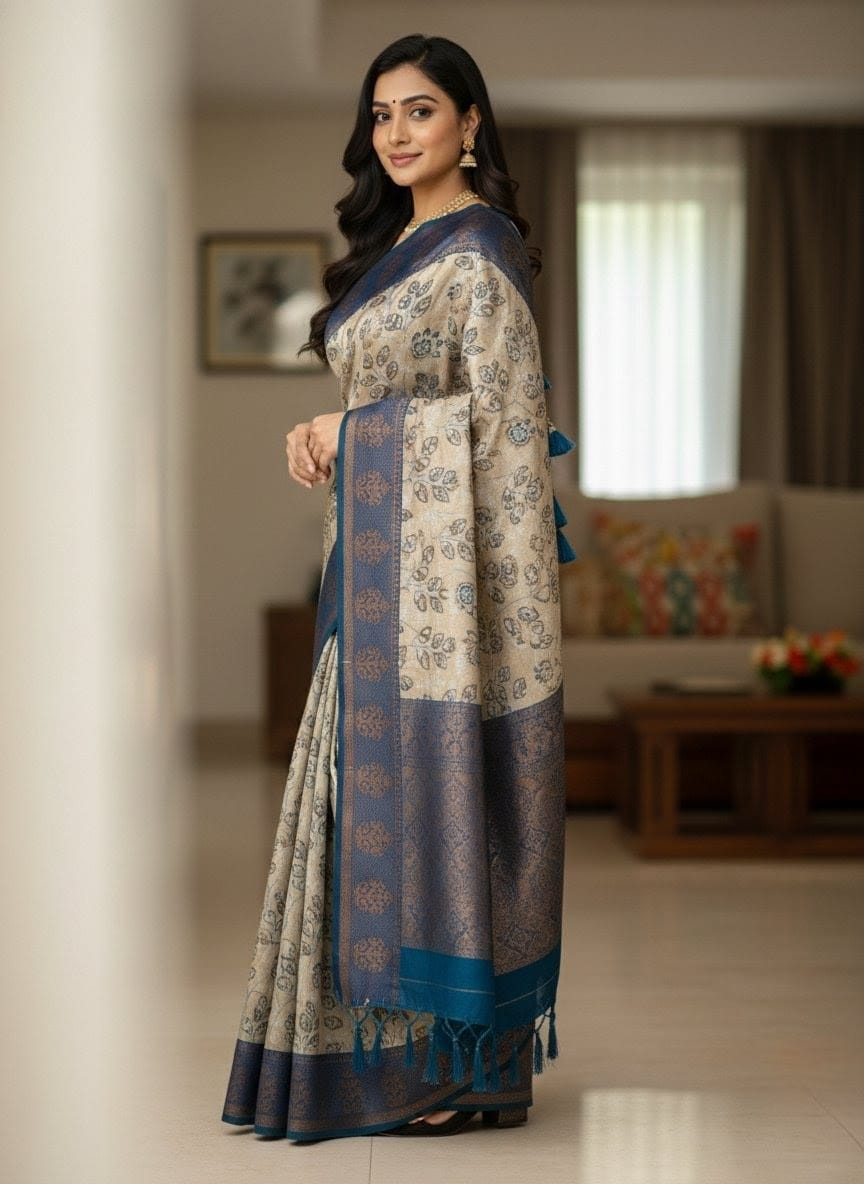 Silk Blend Saree with Blue Woven Border