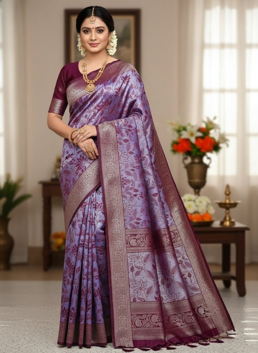 Purple Silk Blend Saree with Maroon Woven Border