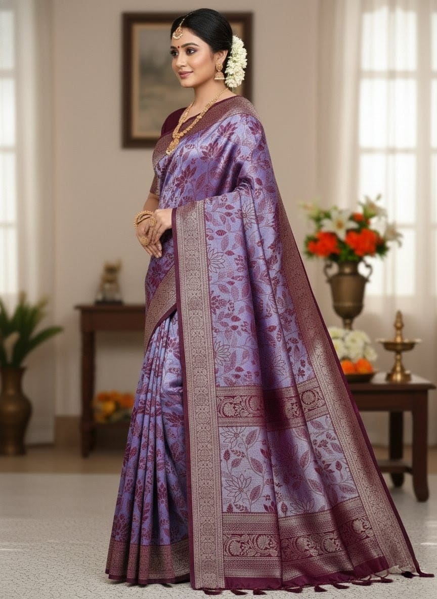 Purple Silk Blend Saree with Maroon Woven Border