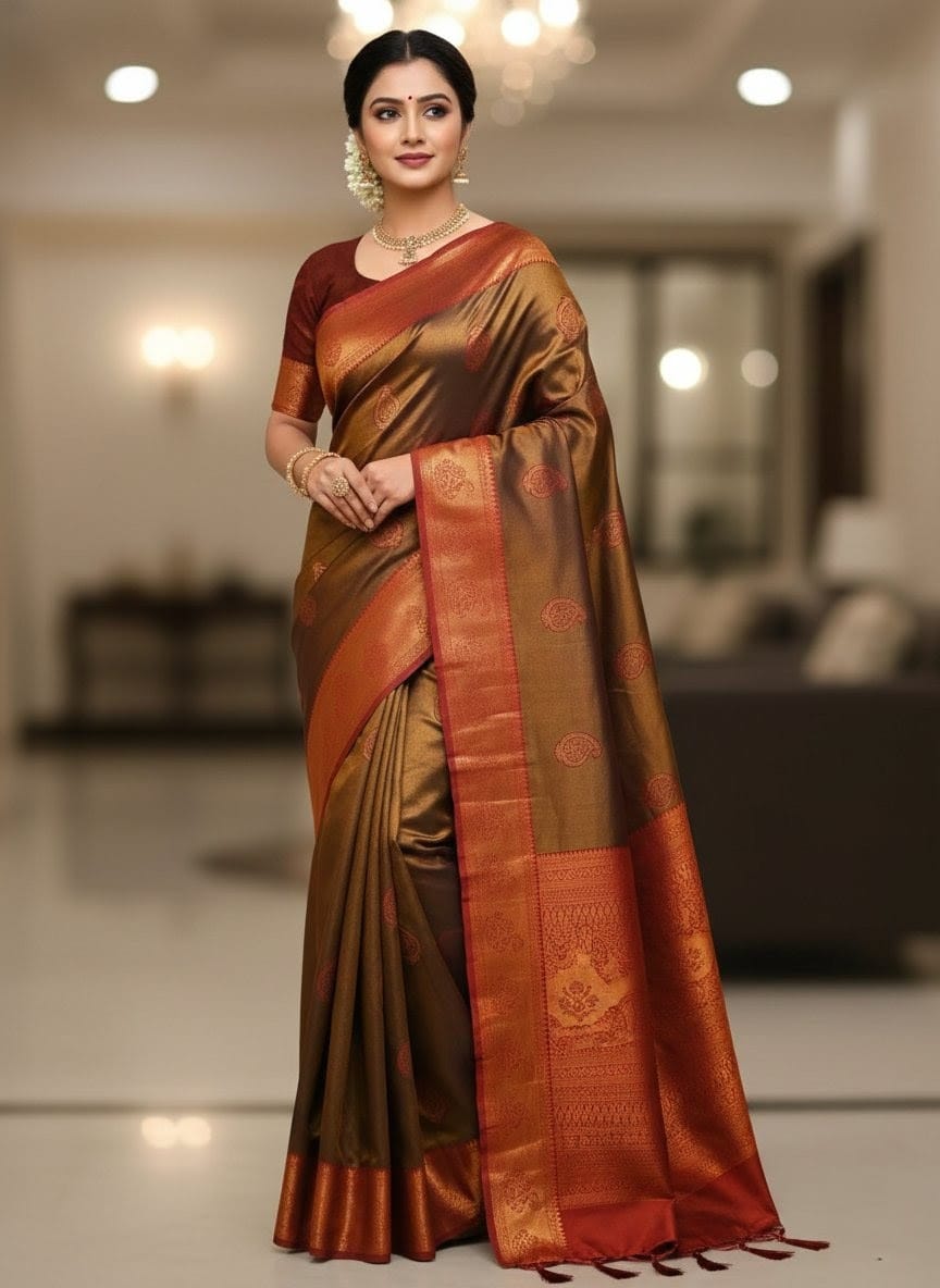 Brown Silk Blend Saree with Rust Zari Border
