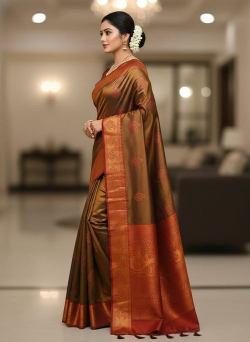 Brown Silk Blend Saree with Rust Zari Border