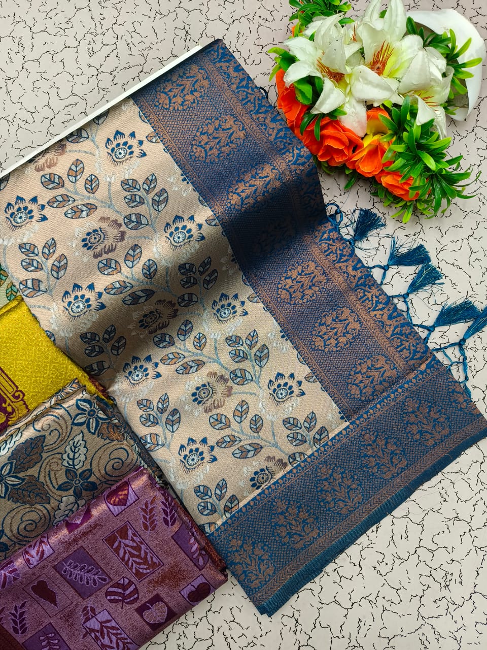 Silk Blend Saree with Blue Woven Border