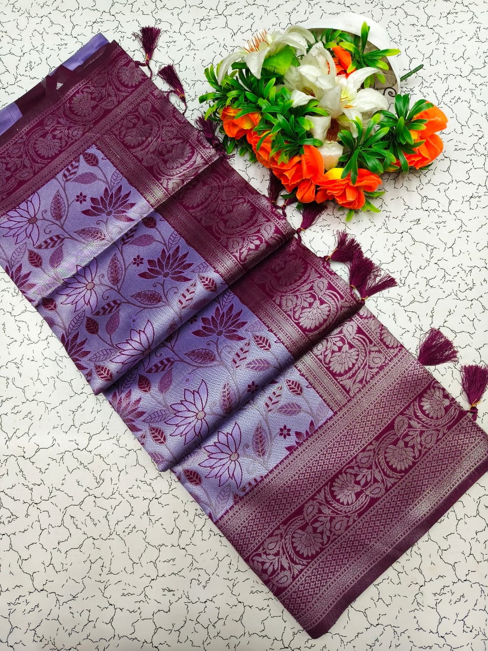 Purple Silk Blend Saree with Maroon Woven Border