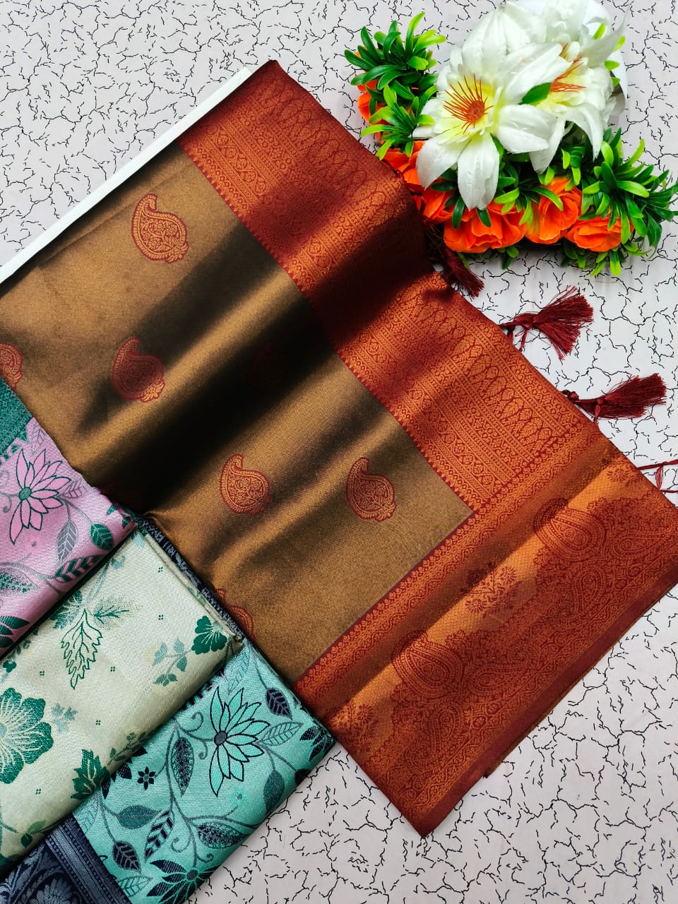 Brown Silk Blend Saree with Rust Zari Border