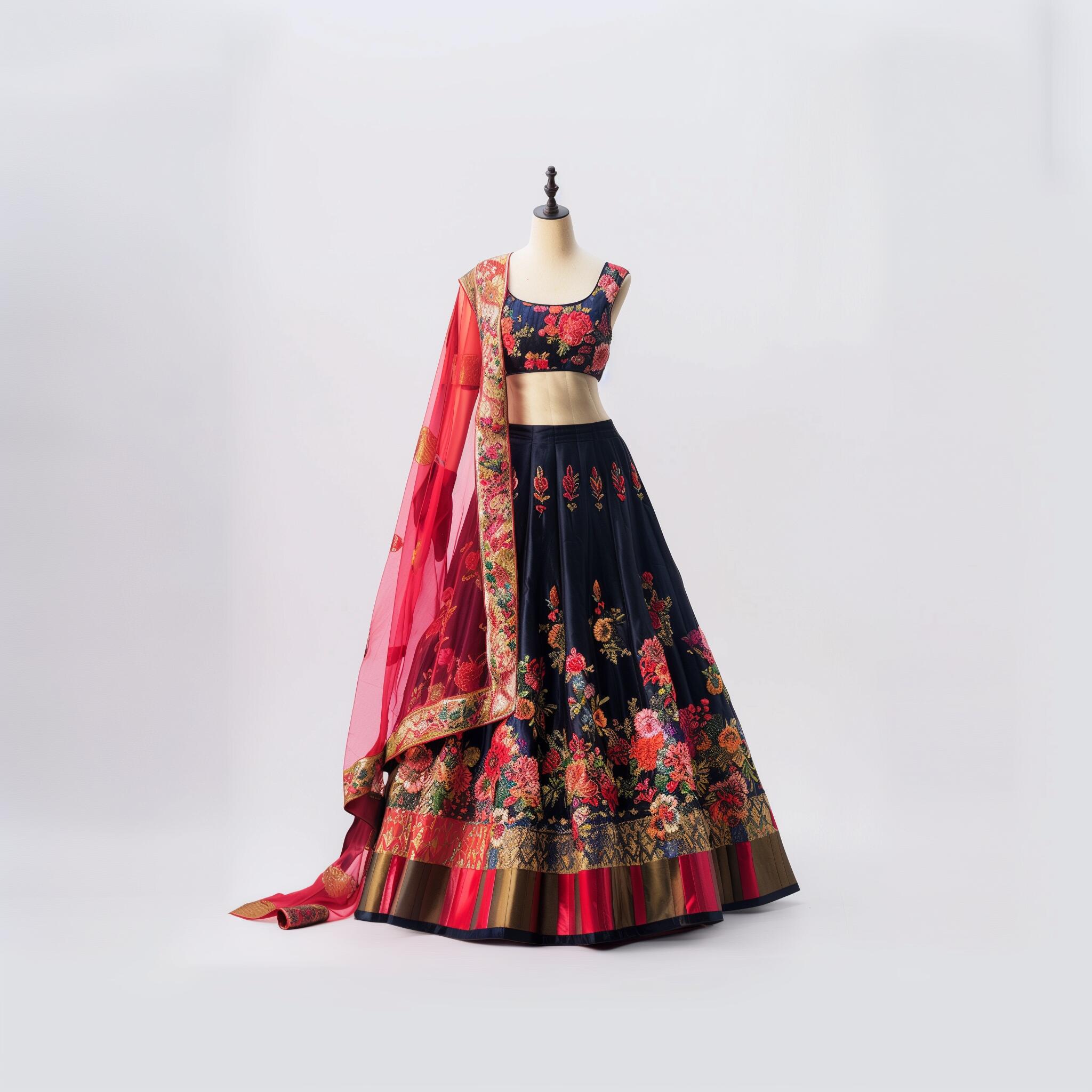 Black Floral Lehenga with Pink Dupatta