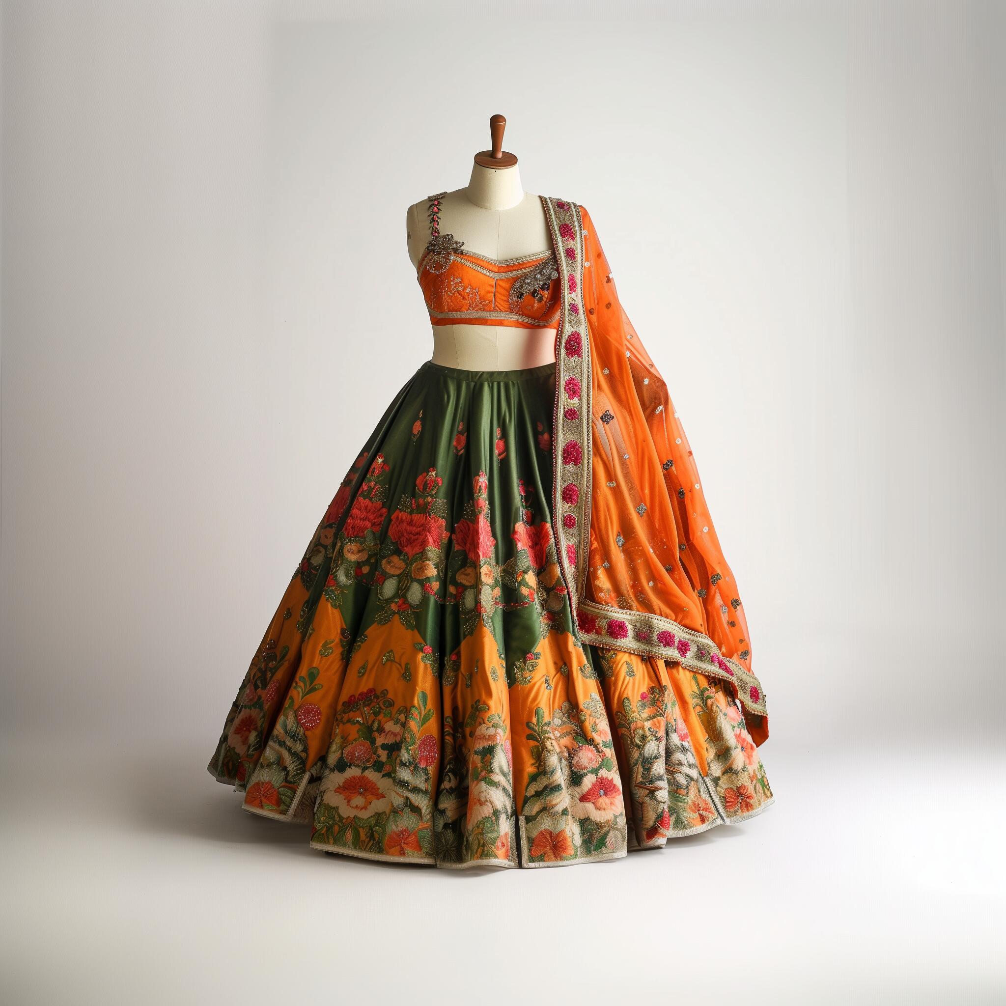 Orange & Green Floral Lehenga Set